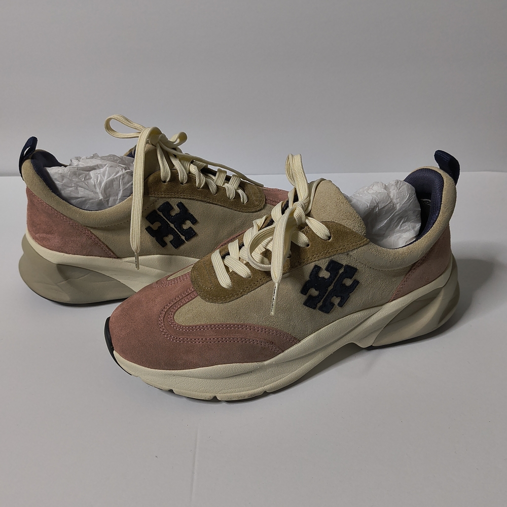 Tory Burch Good Luck Trainer Sneakers 9.5 Cream Pink Tan Suede